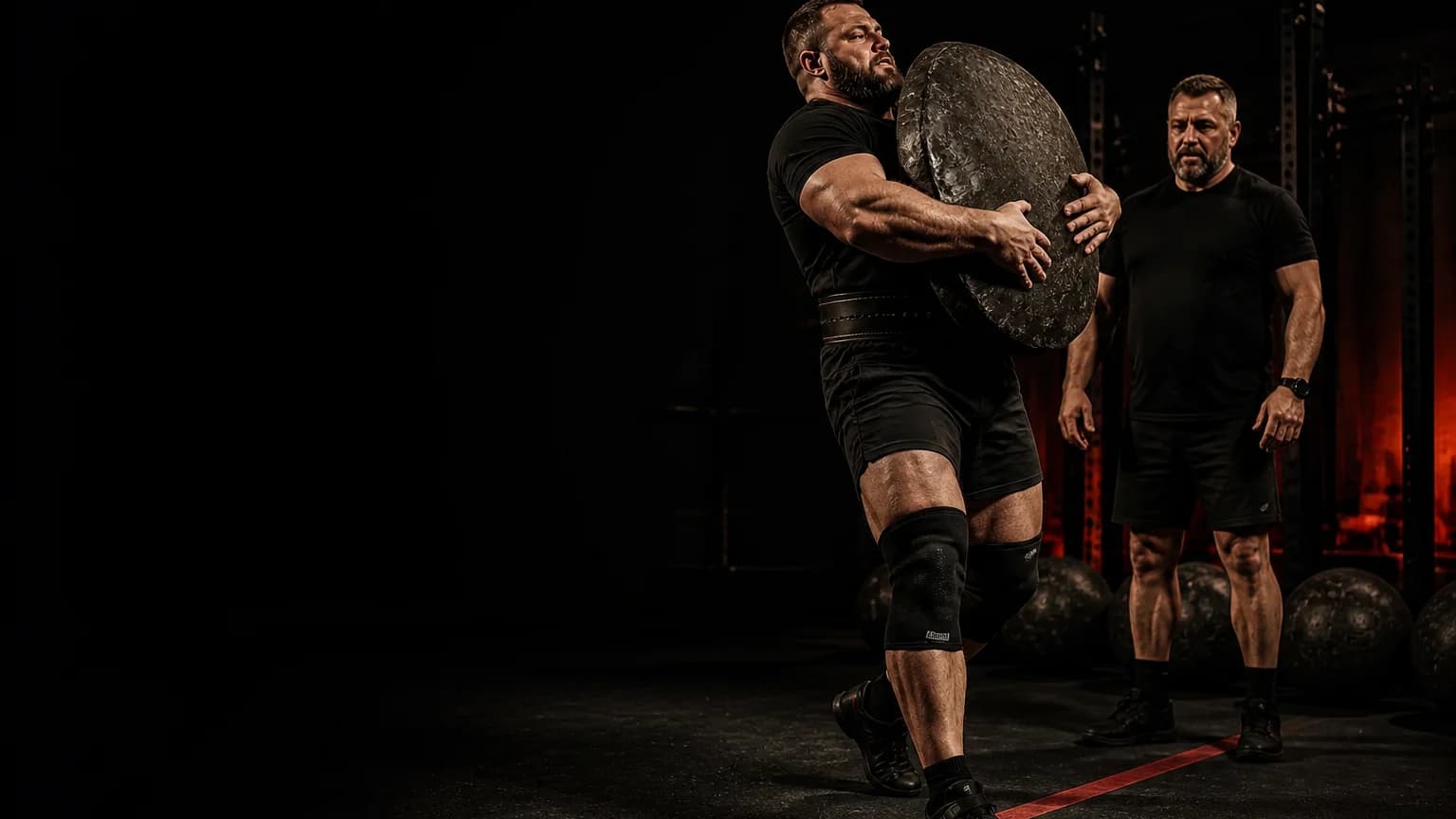 Strongman athlete carries a plate-loaded Husafell implement on a marked course in a copper-lit gym