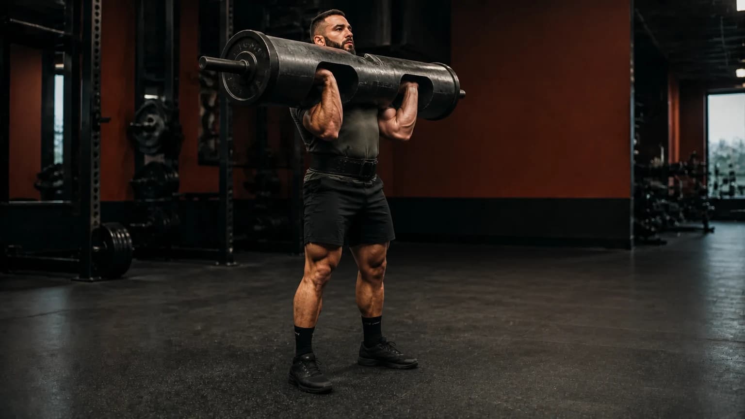 A strongman holds a stable log rack position in a muted terracotta industrial gym with a clear drop area